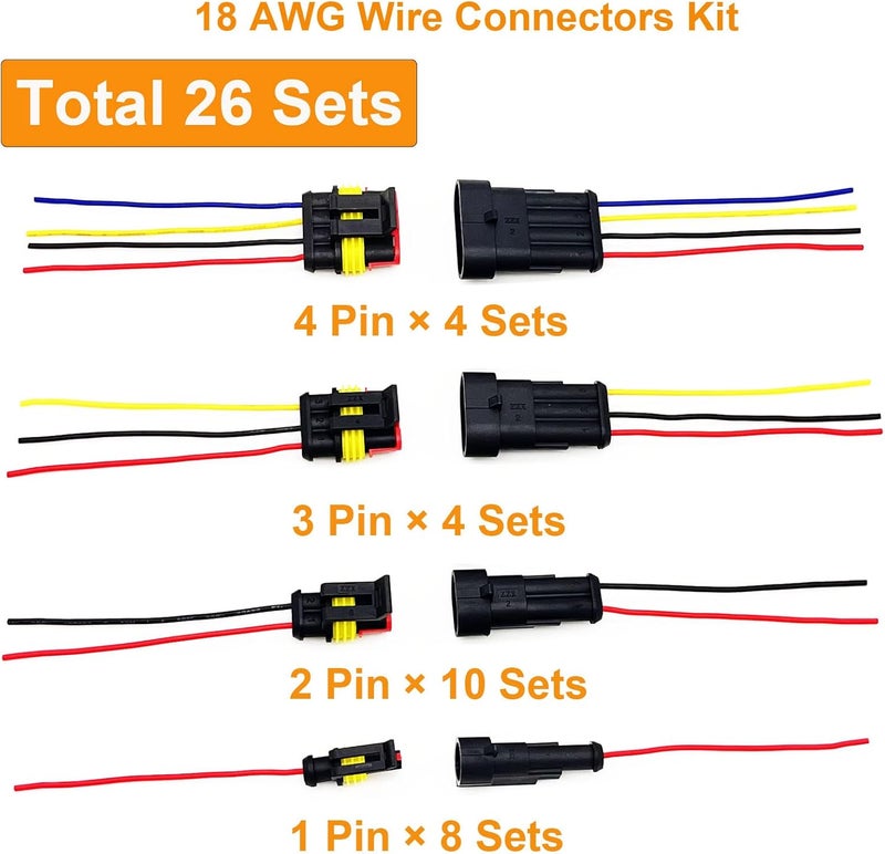 Twippo 18 AWG Waterproof Wire Connectors Automotive Electrical Connectors Quick Connect Wire Connectors 1/2/3/4 Pin with 18 Gauge Wire (26 Kits) - Image 2